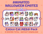 Calico Cat Halloween animated Twitch emote mega pack featuring 21 emotes including hype, candy, kiss, and lurk.