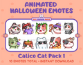 Calico Cat Halloween animated Twitch emote pack featuring 10 emotes including angry, candy, kiss, and lurk.