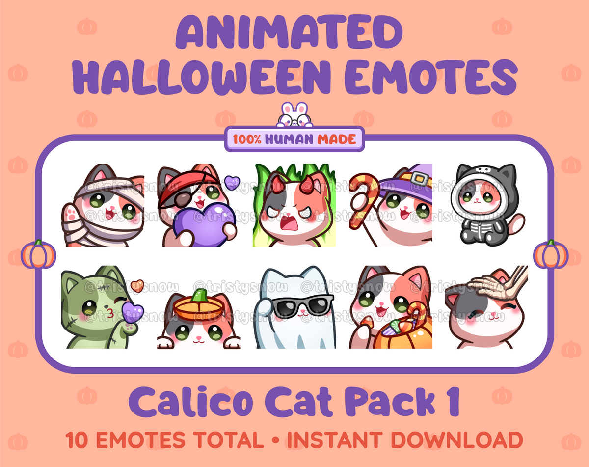 Calico Cat Halloween animated Twitch emote pack featuring 10 emotes including angry, candy, kiss, and lurk.