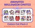 Calico Cat Halloween animated Twitch emote pack featuring 10 emotes including hype, sip, hug, and pout.