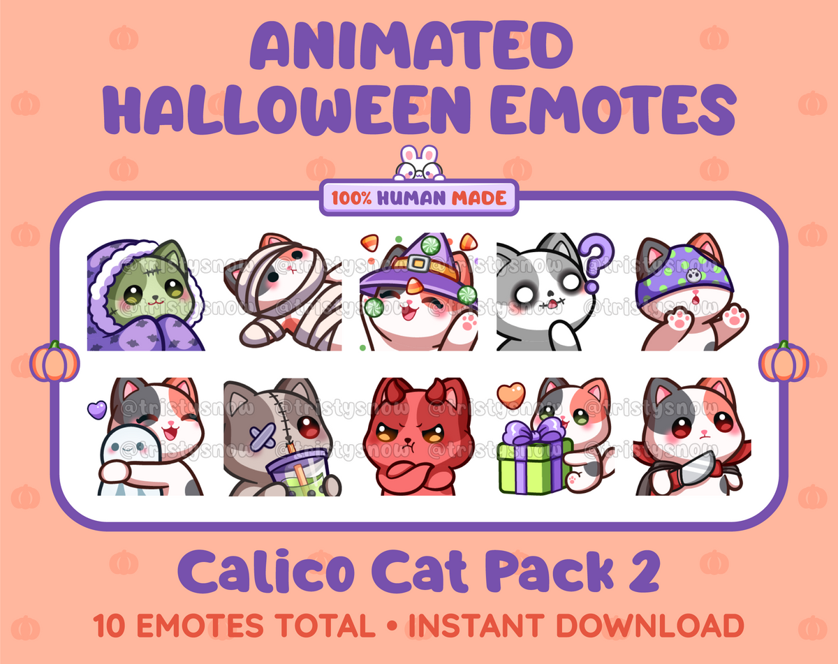 Calico Cat Halloween animated Twitch emote pack featuring 10 emotes including hype, sip, hug, and pout.