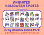Gray Hamster Halloween animated Twitch emote mega pack featuring 21 emotes including hype, candy, kiss, and lurk.