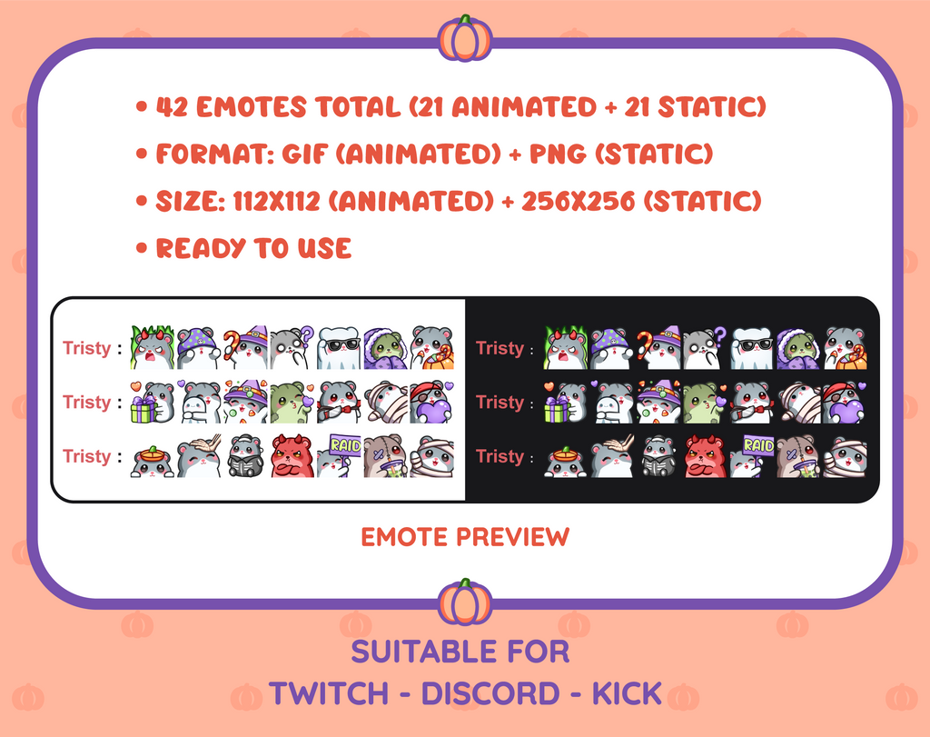 Gray Hamster Halloween animated Twitch emote mega pack shown in light and dark chat preview.