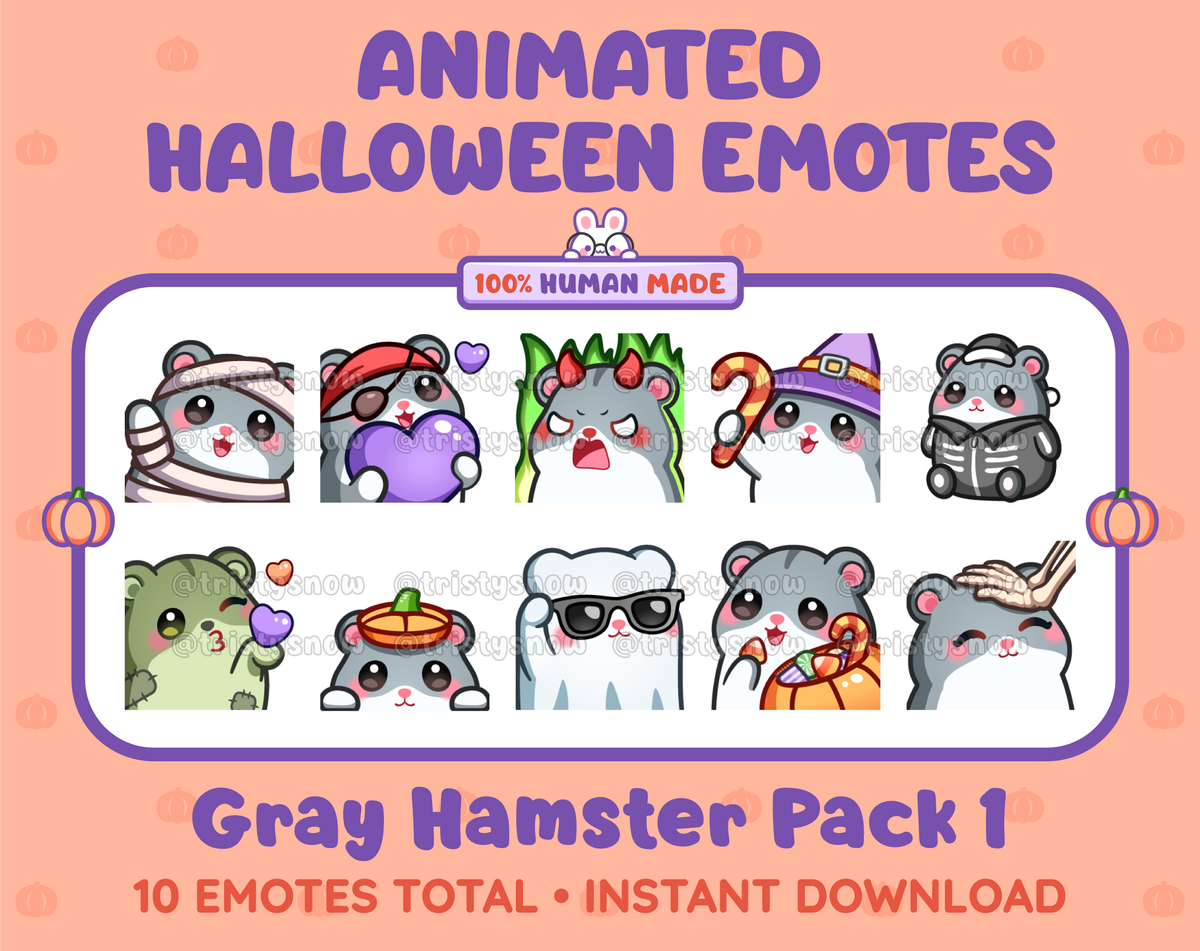 Gray Hamster Halloween animated Twitch emote pack featuring 10 emotes including angry, candy, kiss, and lurk.