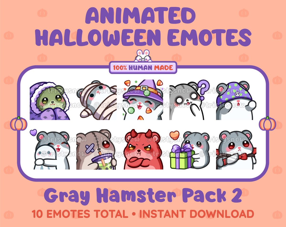 Gray Hamster Halloween animated Twitch emote pack featuring 10 emotes including hype, sip, hug, and pout.
