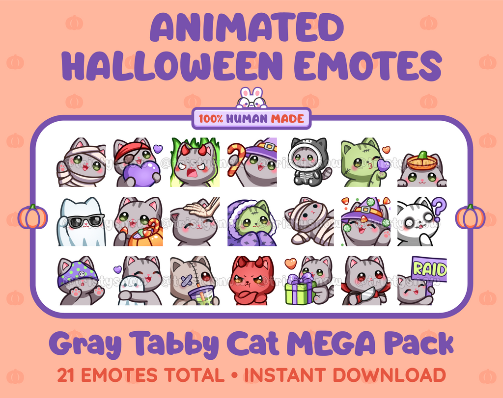 Gray Tabby Cat Halloween animated Twitch emote mega pack featuring 21 emotes including hype, candy, kiss, and lurk.