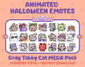 Gray Tabby Cat Halloween animated Twitch emote mega pack featuring 21 emotes including hype, candy, kiss, and lurk.