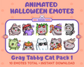 Gray Tabby Cat Halloween animated Twitch emote pack featuring 10 emotes including angry, candy, kiss, and lurk.