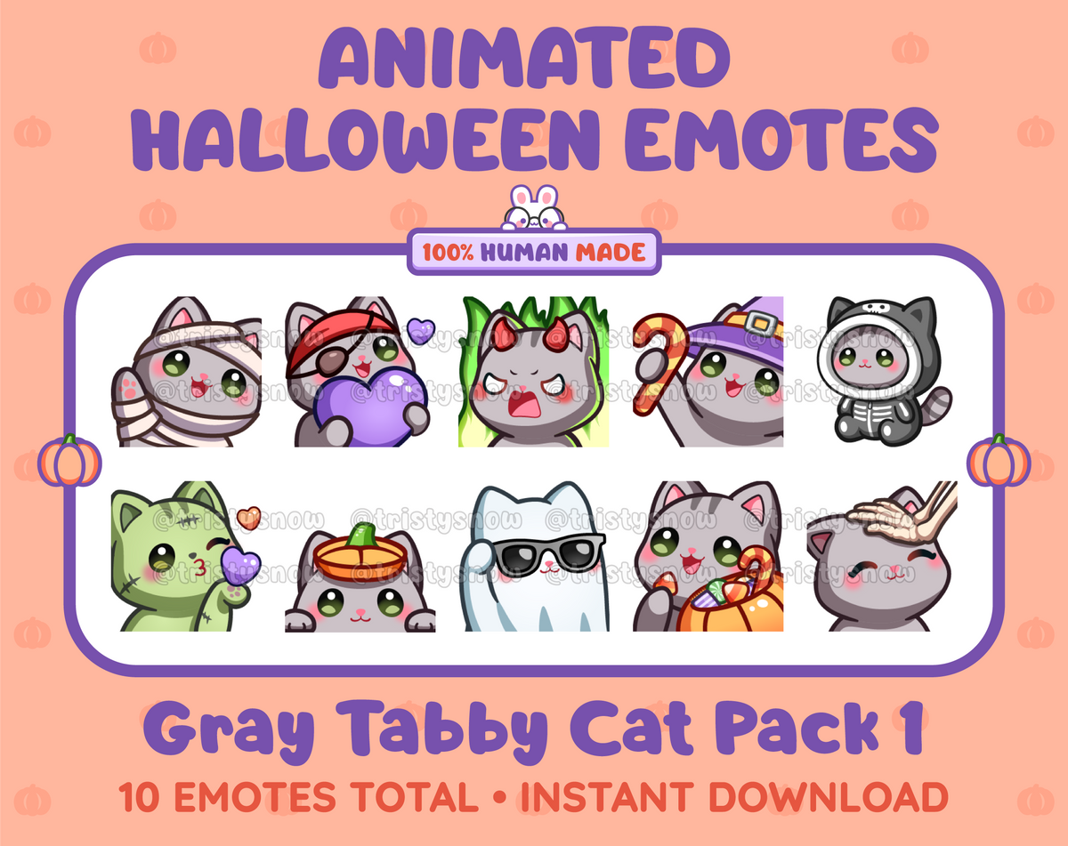 Gray Tabby Cat Halloween animated Twitch emote pack featuring 10 emotes including angry, candy, kiss, and lurk.