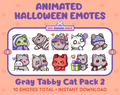 Gray Tabby Cat Halloween animated Twitch emote pack featuring 10 emotes including hype, sip, hug, and pout.