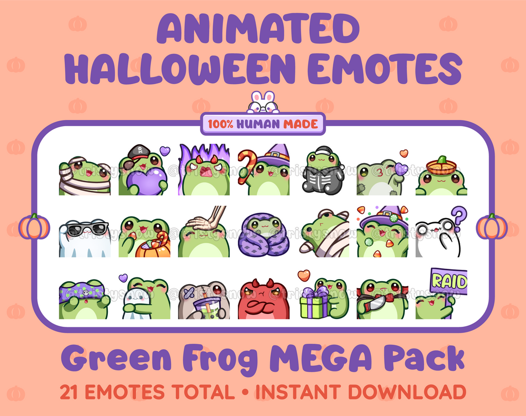 Green Frog Halloween animated Twitch emote mega pack featuring 21 emotes including hype, candy, kiss, and lurk.