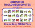 Green Frog Halloween animated Twitch emote mega pack featuring 21 emotes including hype, candy, kiss, and lurk.