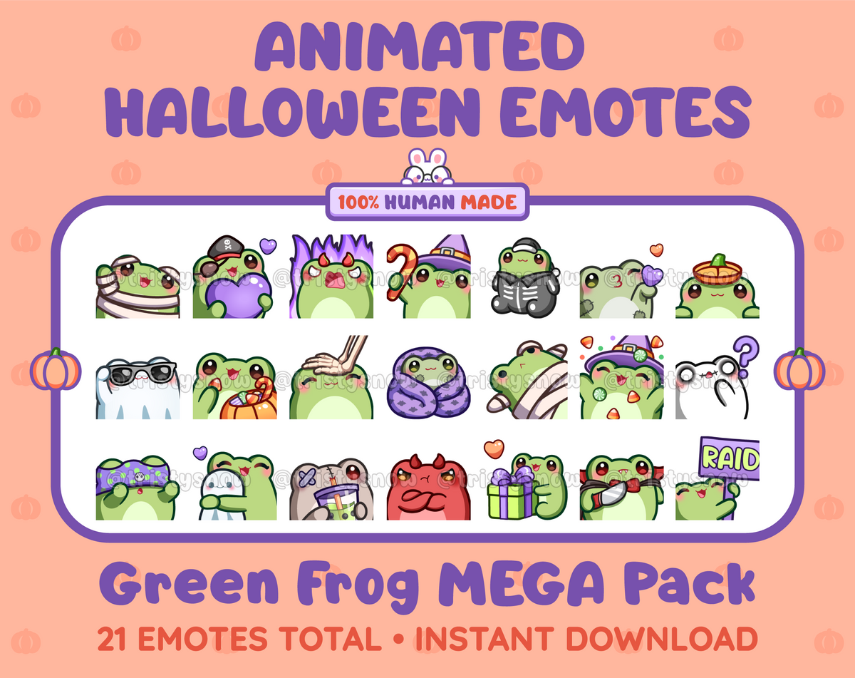 Green Frog Halloween animated Twitch emote mega pack featuring 21 emotes including hype, candy, kiss, and lurk.