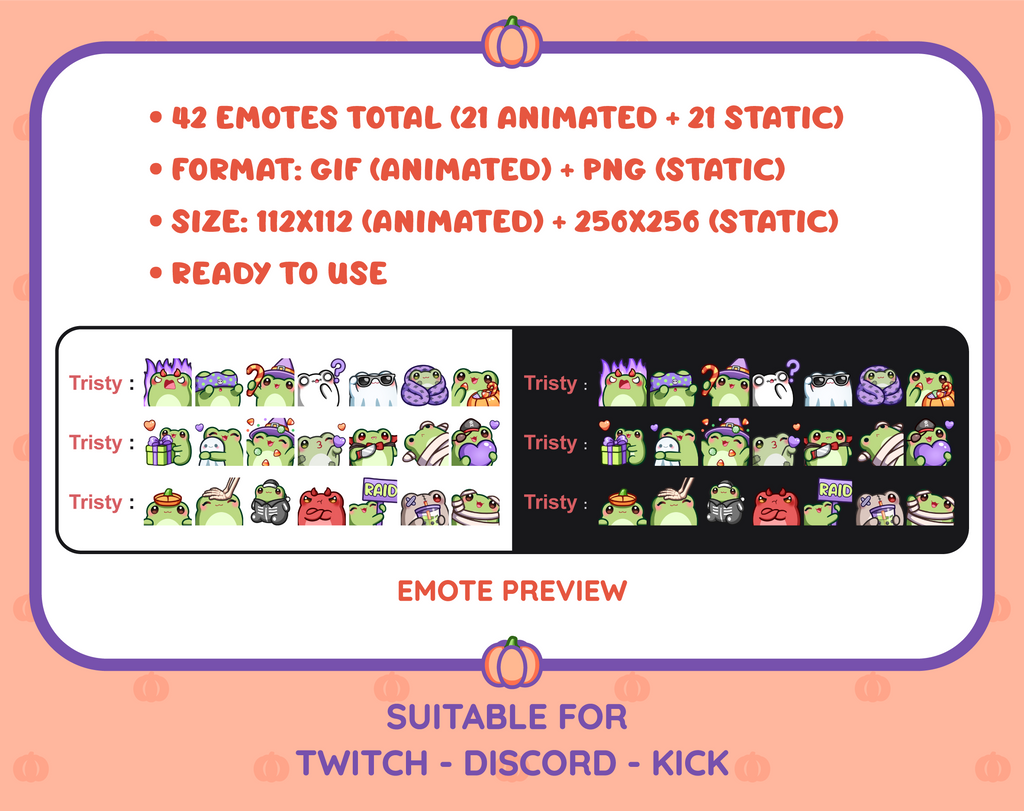Green Frog Halloween animated Twitch emote mega pack shown in light and dark chat preview.