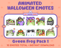 Green Frog Halloween animated Twitch emote pack featuring 10 emotes including angry, candy, kiss, and lurk.
