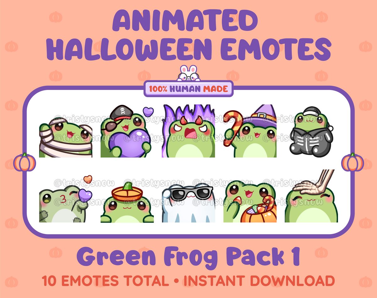 Green Frog Halloween animated Twitch emote pack featuring 10 emotes including angry, candy, kiss, and lurk.