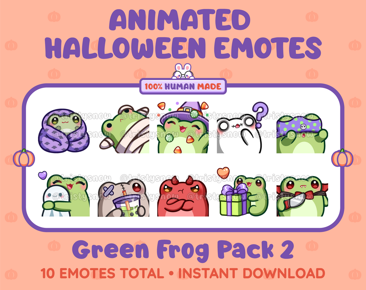 Green Frog Halloween animated Twitch emote pack featuring 10 emotes including hype, sip, hug, and pout.