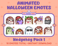 Hedgehog Halloween animated Twitch emote pack featuring 10 emotes including angry, candy, kiss, and lurk.