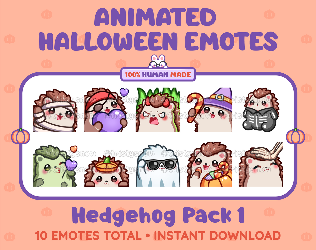 Hedgehog Halloween animated Twitch emote pack featuring 10 emotes including angry, candy, kiss, and lurk.