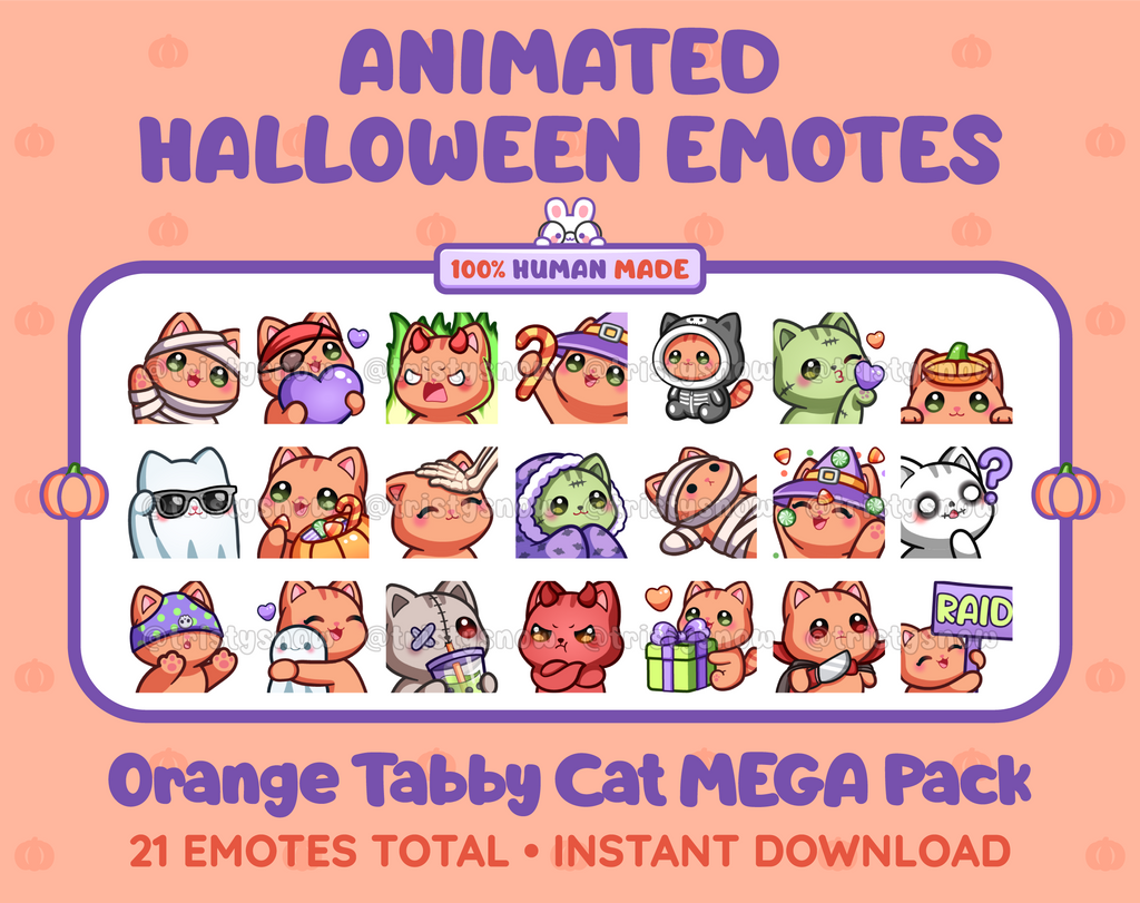 Orange Tabby Cat Halloween animated Twitch emote mega pack featuring 21 emotes including hype, candy, kiss, and lurk.