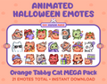 Orange Tabby Cat Halloween animated Twitch emote mega pack featuring 21 emotes including hype, candy, kiss, and lurk.