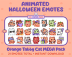 Orange Tabby Cat Halloween animated Twitch emote mega pack featuring 21 emotes including hype, candy, kiss, and lurk.