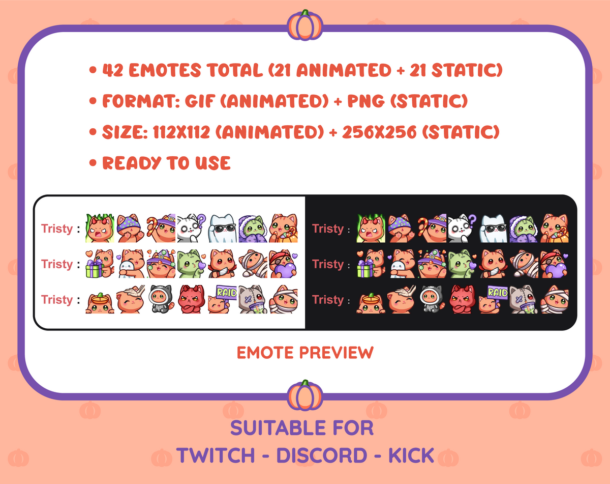 Orange Tabby Cat Halloween animated Twitch emote mega pack shown in light and dark chat preview.