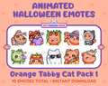 Orange Tabby Cat Halloween animated Twitch emote pack featuring 10 emotes including angry, candy, kiss, and lurk.