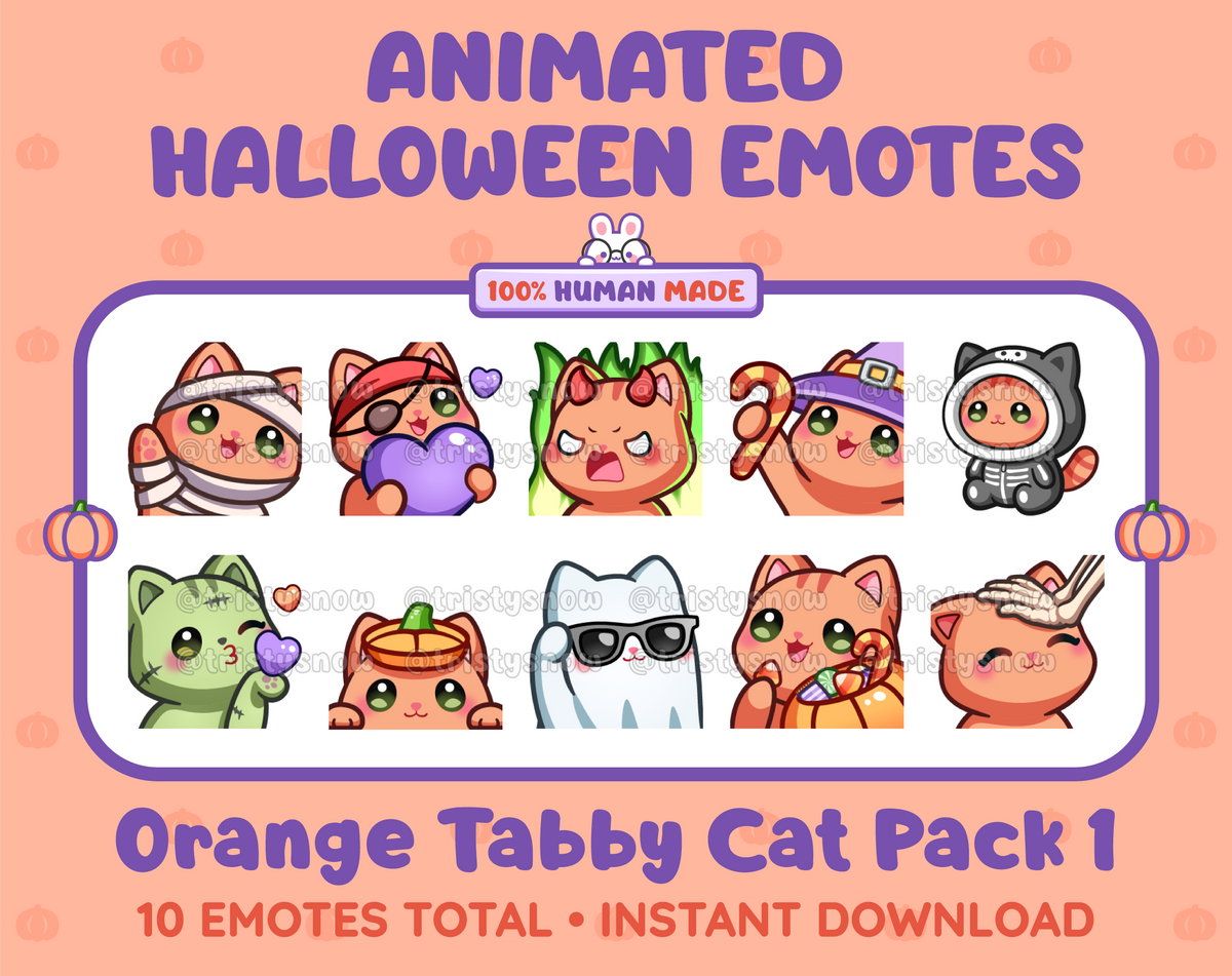 Orange Tabby Cat Halloween animated Twitch emote pack featuring 10 emotes including angry, candy, kiss, and lurk.