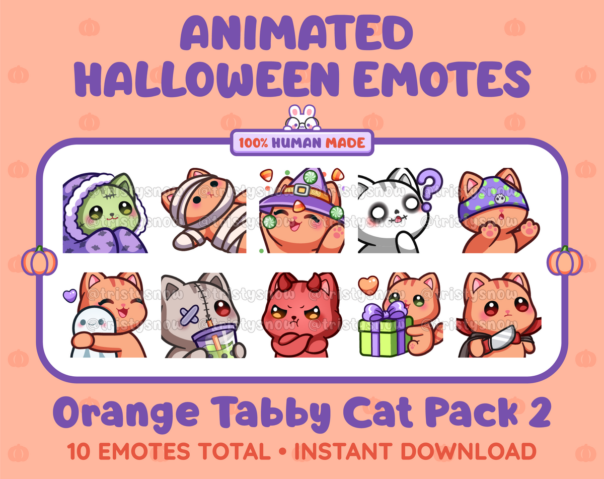 Orange Tabby Cat Halloween animated Twitch emote pack featuring 10 emotes including hype, sip, hug, and pout.