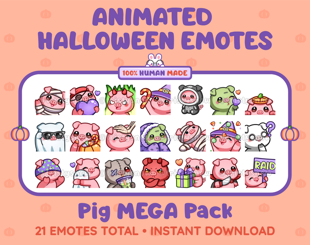 Pig Halloween animated Twitch emote mega pack featuring 21 emotes including hype, candy, kiss, and lurk.