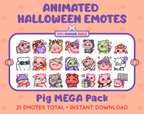Pig Halloween animated Twitch emote mega pack featuring 21 emotes including hype, candy, kiss, and lurk.
