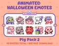 Pig Halloween animated Twitch emote pack featuring 10 emotes including hype, sip, hug, and pout.
