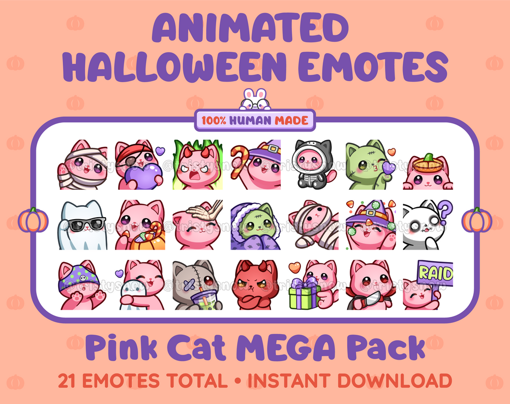 Pink Cat Halloween animated Twitch emote mega pack featuring 21 emotes including hype, candy, kiss, and lurk.
