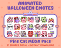 Pink Cat Halloween animated Twitch emote mega pack featuring 21 emotes including hype, candy, kiss, and lurk.