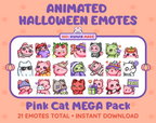 Pink Cat Halloween animated Twitch emote mega pack featuring 21 emotes including hype, candy, kiss, and lurk.