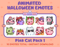 Pink Cat Halloween animated Twitch emote pack featuring 10 emotes including angry, candy, kiss, and lurk.