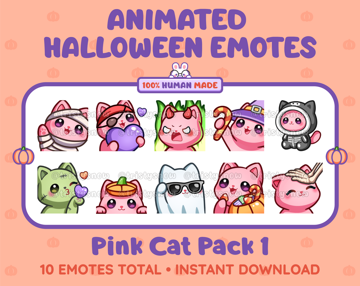Pink Cat Halloween animated Twitch emote pack featuring 10 emotes including angry, candy, kiss, and lurk.