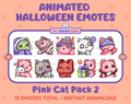 Pink Cat Halloween animated Twitch emote pack featuring 10 emotes including hype, sip, hug, and pout.