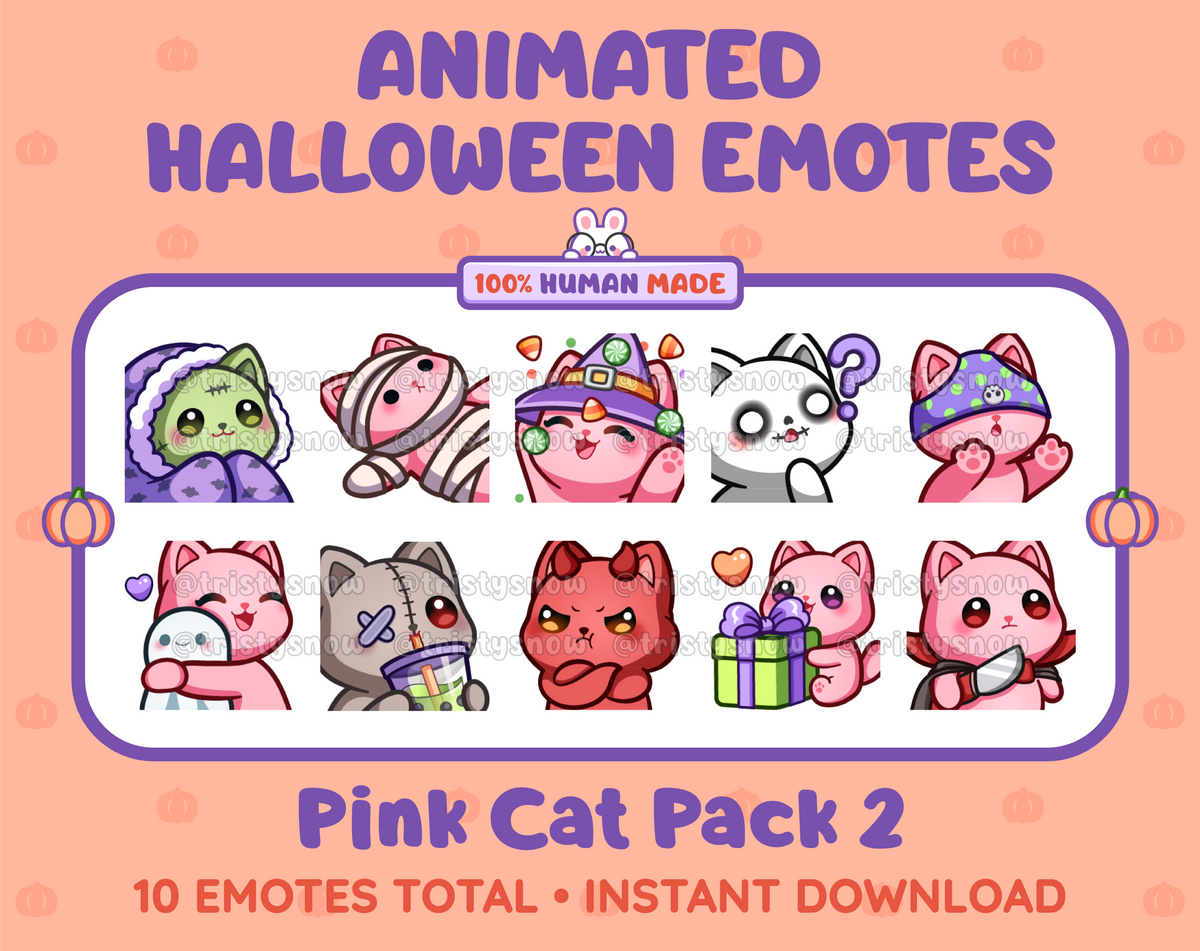 Pink Cat Halloween animated Twitch emote pack featuring 10 emotes including hype, sip, hug, and pout.