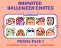 Potato Halloween animated Twitch emote pack featuring 10 emotes including angry, candy, kiss, and lurk.