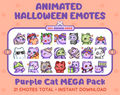 Purple Cat Halloween animated Twitch emote mega pack featuring 21 emotes including hype, candy, kiss, and lurk.