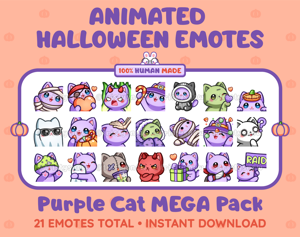 Purple Cat Halloween animated Twitch emote mega pack featuring 21 emotes including hype, candy, kiss, and lurk.