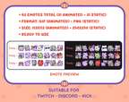 Purple Cat Halloween animated Twitch emote mega pack shown in light and dark chat preview.