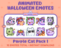Purple Cat Halloween animated Twitch emote pack featuring 10 emotes including angry, candy, kiss, and lurk.