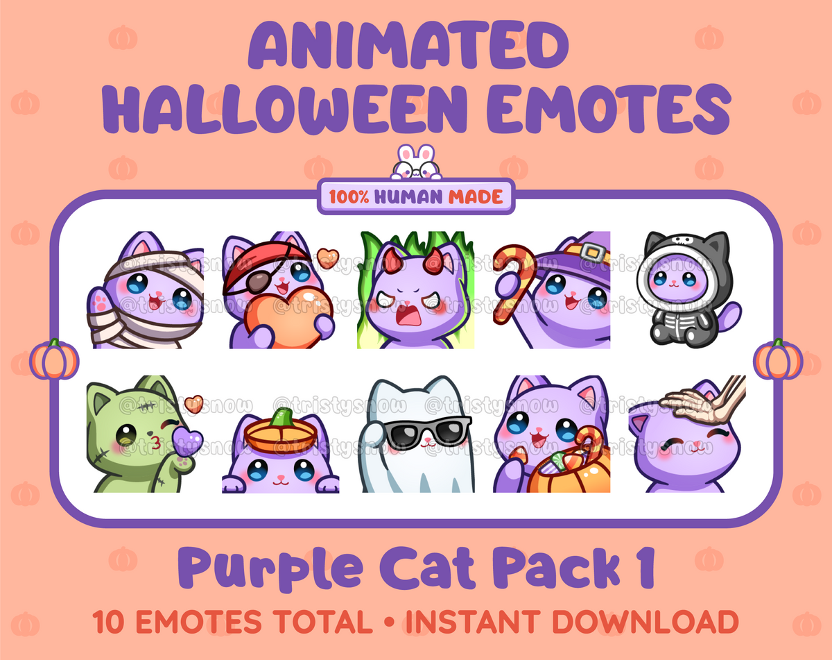 Purple Cat Halloween animated Twitch emote pack featuring 10 emotes including angry, candy, kiss, and lurk.