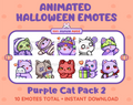 Purple Cat Halloween animated Twitch emote pack featuring 10 emotes including hype, sip, hug, and pout.