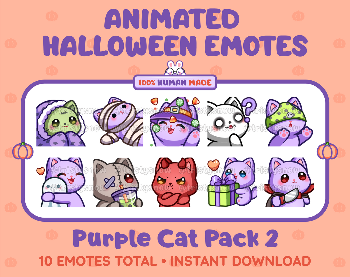 Purple Cat Halloween animated Twitch emote pack featuring 10 emotes including hype, sip, hug, and pout.
