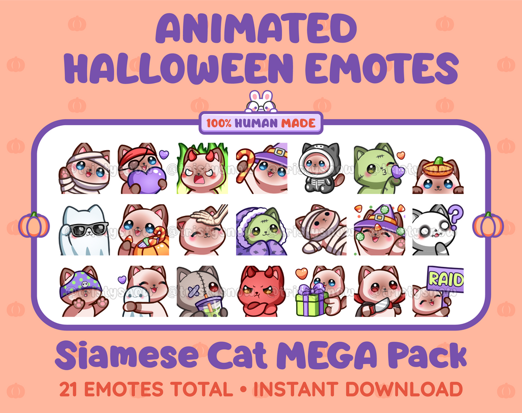 Siamese Cat Halloween animated Twitch emote mega pack featuring 21 emotes including hype, candy, kiss, and lurk.