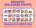 Siamese Cat Halloween animated Twitch emote mega pack featuring 21 emotes including hype, candy, kiss, and lurk.